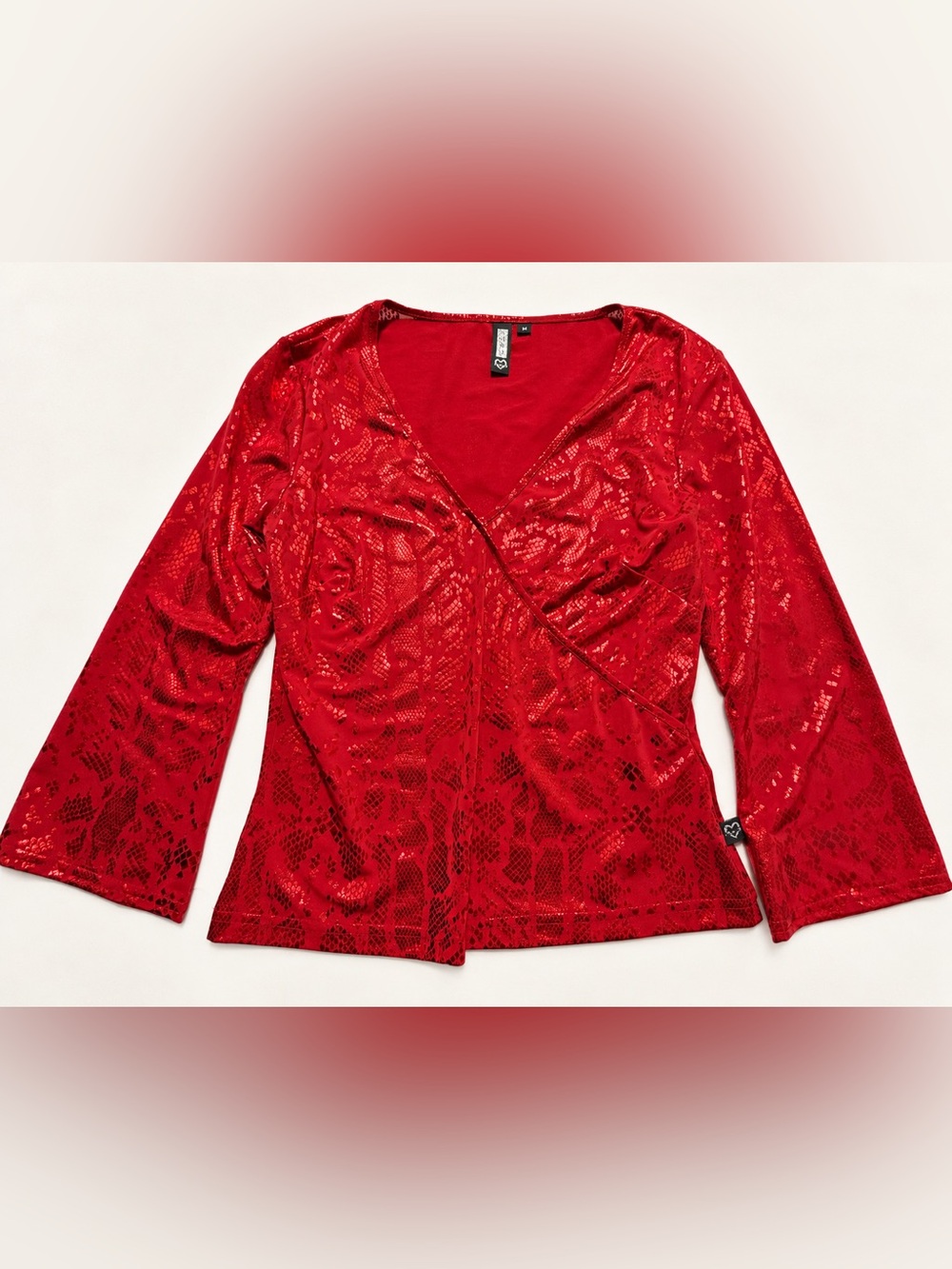 VINTAGE XOXO Y2K Metallic Snakeskin Bell Sleeve V-Neck Wrap Blouse Top